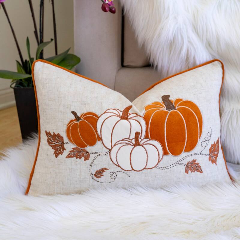 Embroidered Pumpkin Lumbar Throw Pillow - Misty Blue Fall Accent Cushion Set of 2