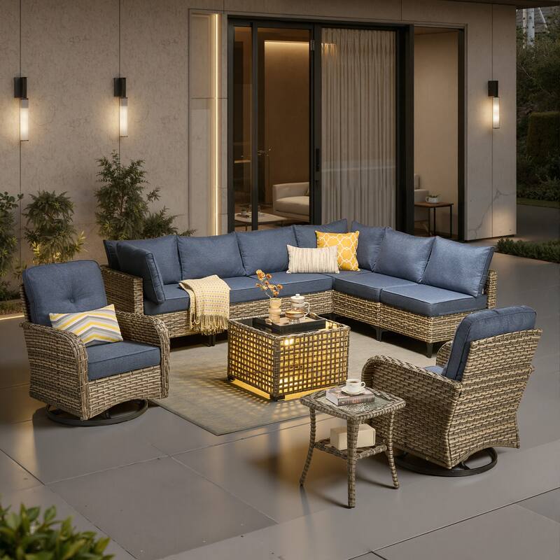 HOOOWOOO 10-piece Patio Wicker Furniture Sectional Set Swivel Rocking Chair Set - Denim Blue