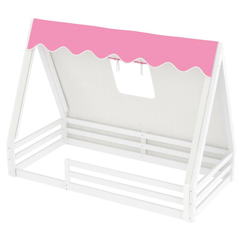 Roomfitters House Floor Bed with Tent and Lights, Solid Wood Teepee Frame with Guardrails