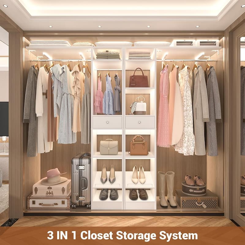 58" W - 90" W Closet System with 3 Hanging Rods and Shelves,Walk in Closet Organizer with 2 Drawers & Shoe Rack,Closet Wardrobe