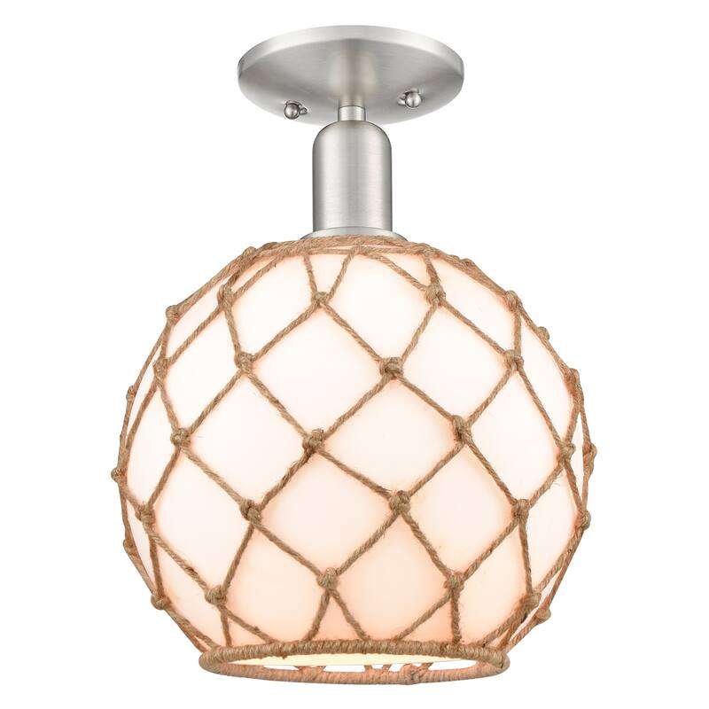 Innovations Lighting 716-1C-14-10 Farmhouse Rope Semi-Flush Farmhouse - Brushed Satin Nickel / White Glass with Brown Rope