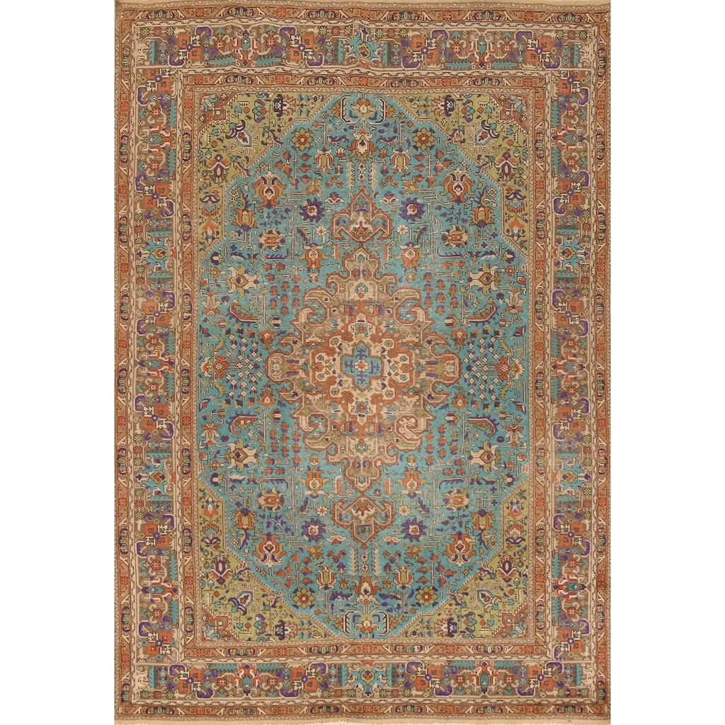 Hand Knotted Oriental 100% Wool Carpet Traditional Medallion Navy Blue & Blues Tabriz Area Rug - 9' 6'' X 6' 7''