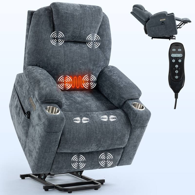 Blue Power Lift Recliner with 8-Point Massage, Heated Lumbar, Dual USB Ports, and Stainless Steel Cup Holders