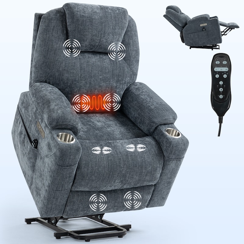 Lazy Boy Large Chenille Power Lift Recliner Chair with Massage and Lumbar Heating, USB and Type-C Ports & Cup Holders