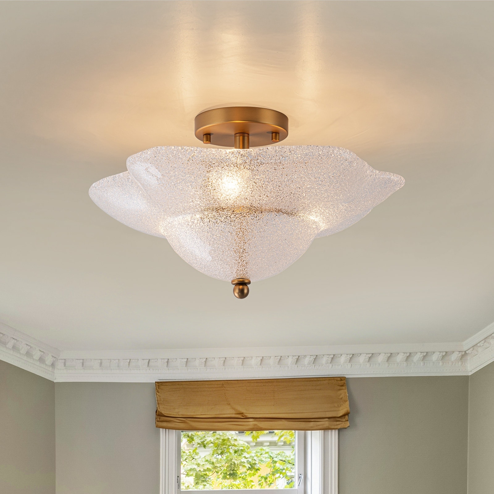 Modern Glam 3-Light Flush Mount Ceiling Light with Clear Seeded Glass - Brass - 16" W × 7" H