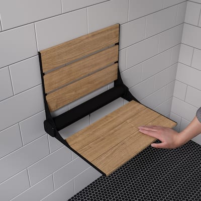 Black Matte 17" Wide Foldable Teak Shower Seat with Backrest