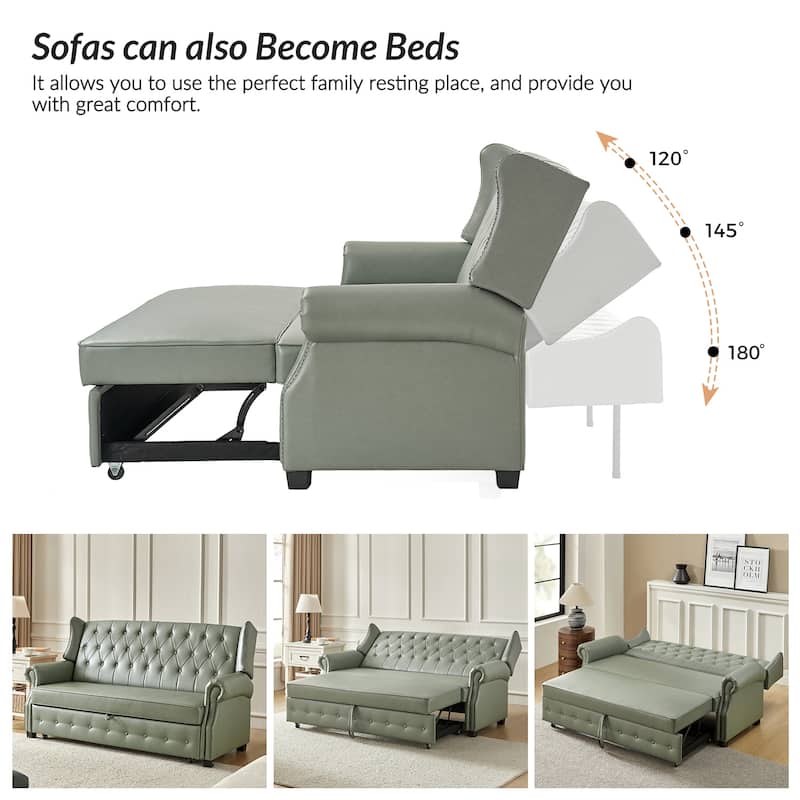 Ruedi Transitional 73.6" Vegan Leather Sofa Bed with Tufted Back and Nailhead by HULALA HOME