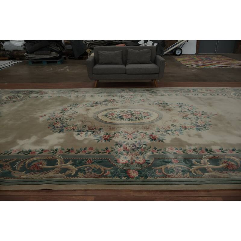 Hand Knotted Oriental 100% Wool Carpet Traditional Floral Beige & Ivories Art Deco Area Rug - 18' 2'' X 9' 11''