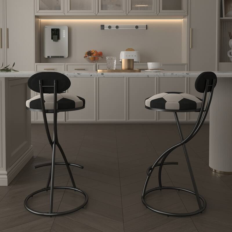 Upholstered S-shaped Barstools Set of 2 Velvet Counter Bar Stools Football Print Round Dining Stool