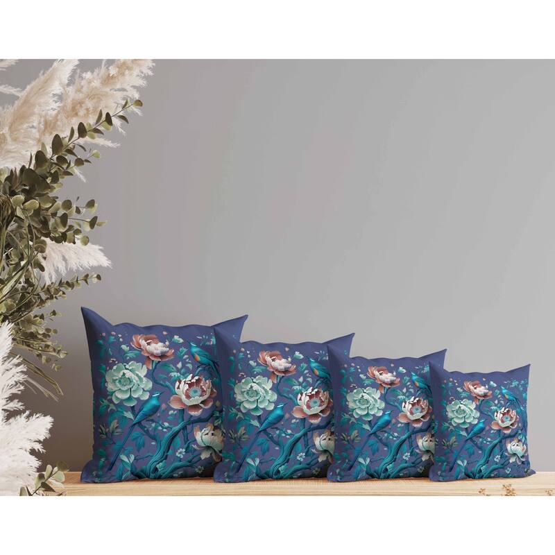 Botanical Bird Ensemble Indoor/Outdoor Reversible Throw Pillow Blue and Red