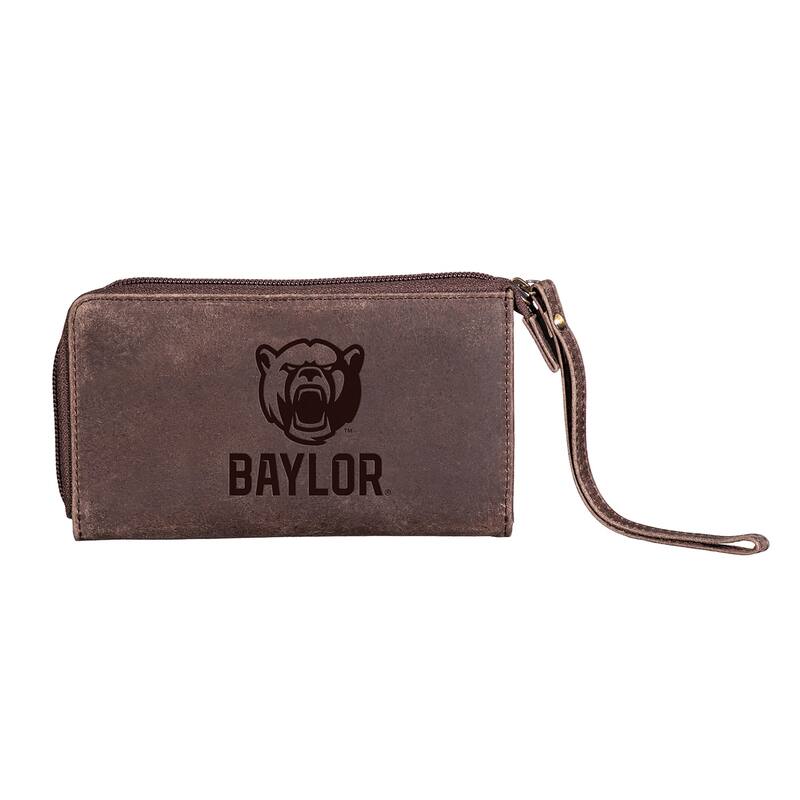 Brown Leather Cell Phone Wristlet Wallet, Baylor University - 4" x 7"