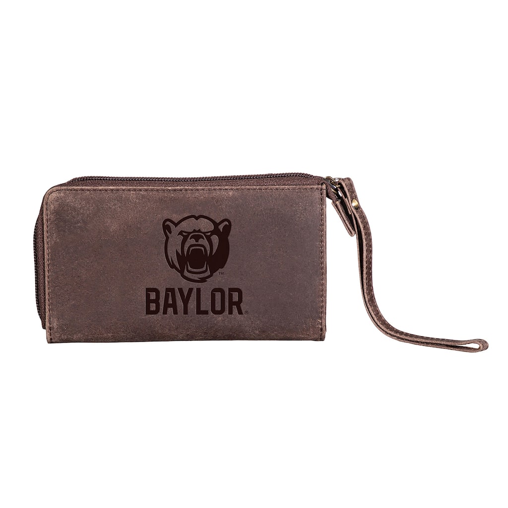 Brown Leather Cell Phone Wristlet Wallet, Baylor University - 4" x 7"