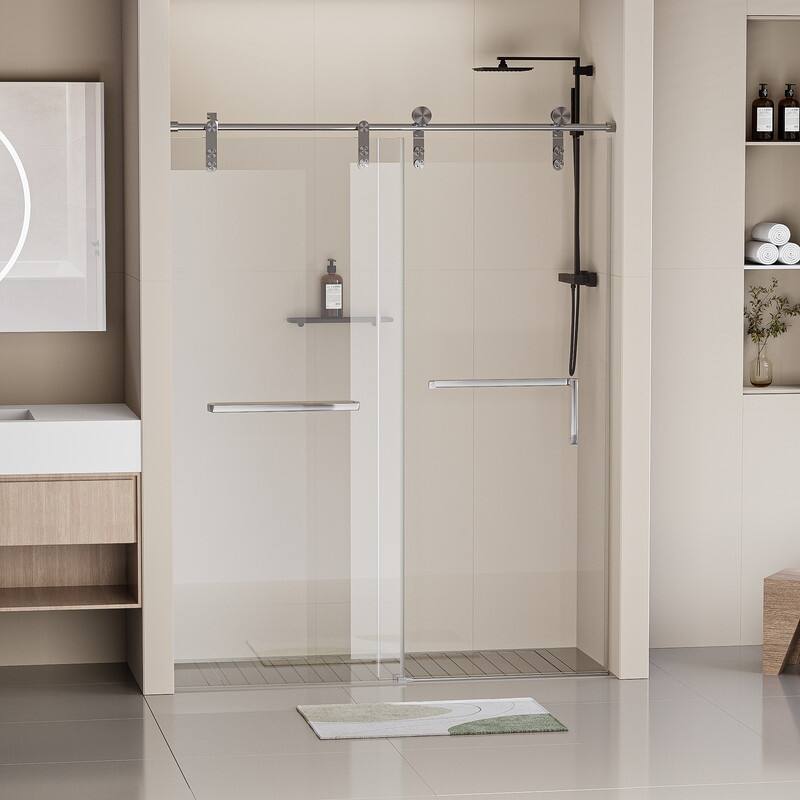 56-60" W x 76" H Single Sliding Frameless Shower Door with 5/16" (8mm) Tempered Glass & Dual Towel Bars