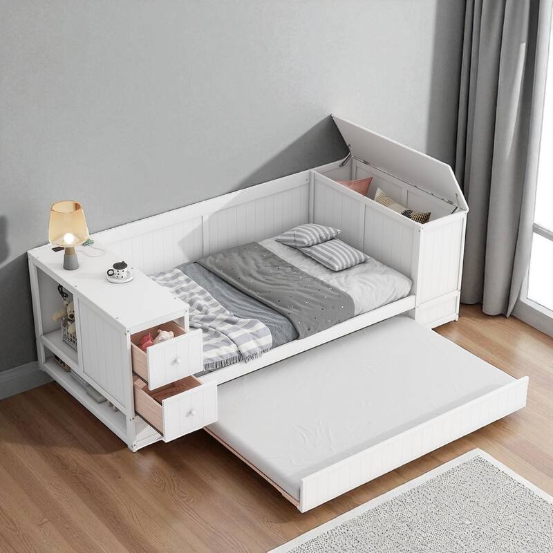 Twin Size Daybed with Storage Arms, Trundle and Charging Station, Solid Wood Frame with Drawers and USB Ports