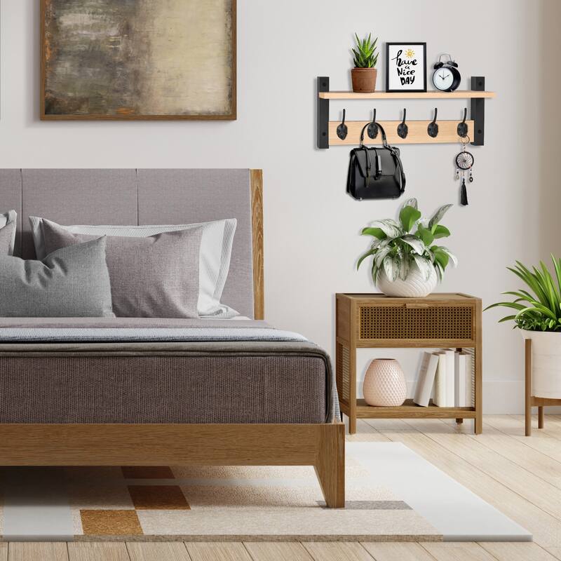 Sorbus Coat Hooks Wall Mount Floating Shelf with 5 Heavy Duty Hooks, Large and Extra Large