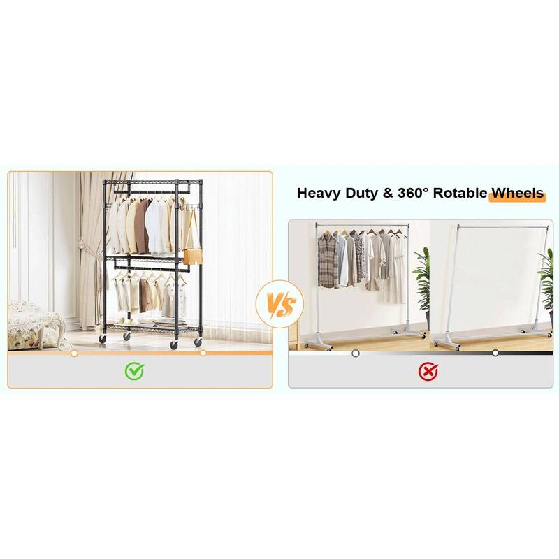 Heavy Duty Rolling Garment Rack with Wheels, 3-Tier Adjustable Wire Shelving, Clothes Rack with 2 Rods & Side Hooks