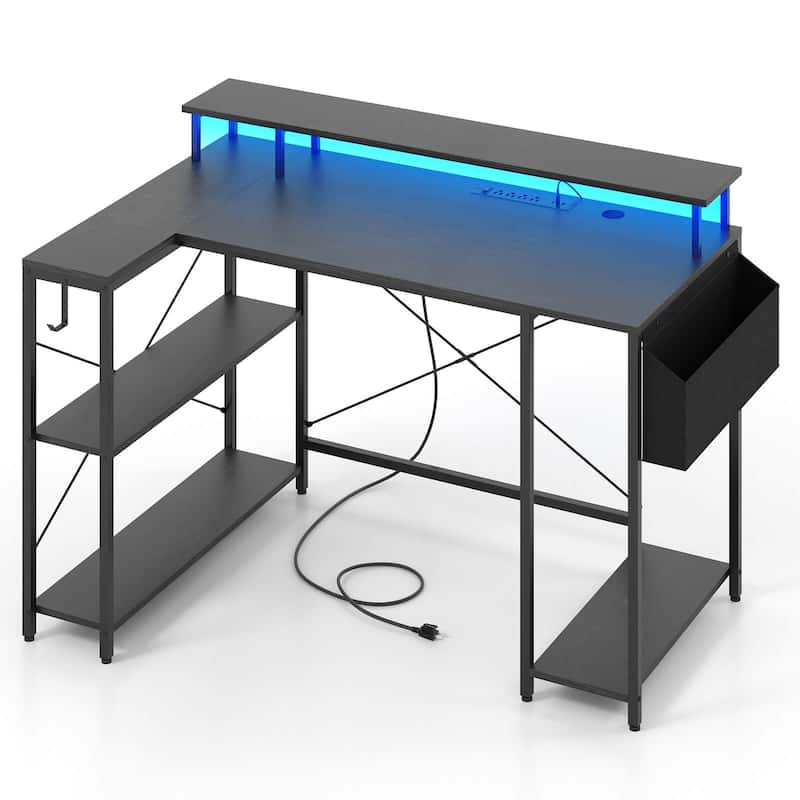 Costway 48" L-Shaped Gaming Desk with LED Lights & Power Outlets - Black