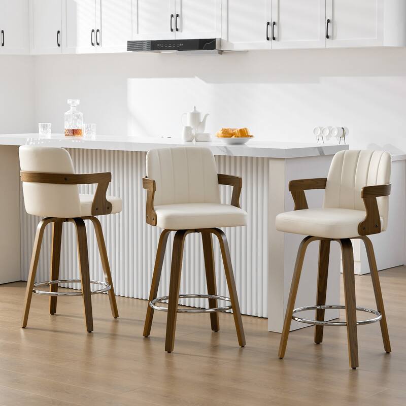 Upholstered Swivel Barstool with Arms and Bentwood Legs - 40.8"H x 18.9"W x 19.5"D/19.3"D