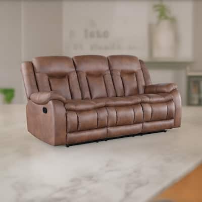 Olaf Dual Manual Recliner Sofa, Saddle Brown Faux Leather 88 Inch
