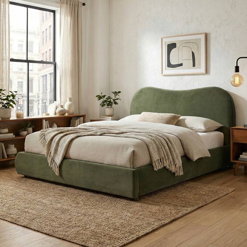 Furniture of America Niric Modern Fabric Upholstered Platform Bed with Storage Footboard - Olive Green Velvet - King
