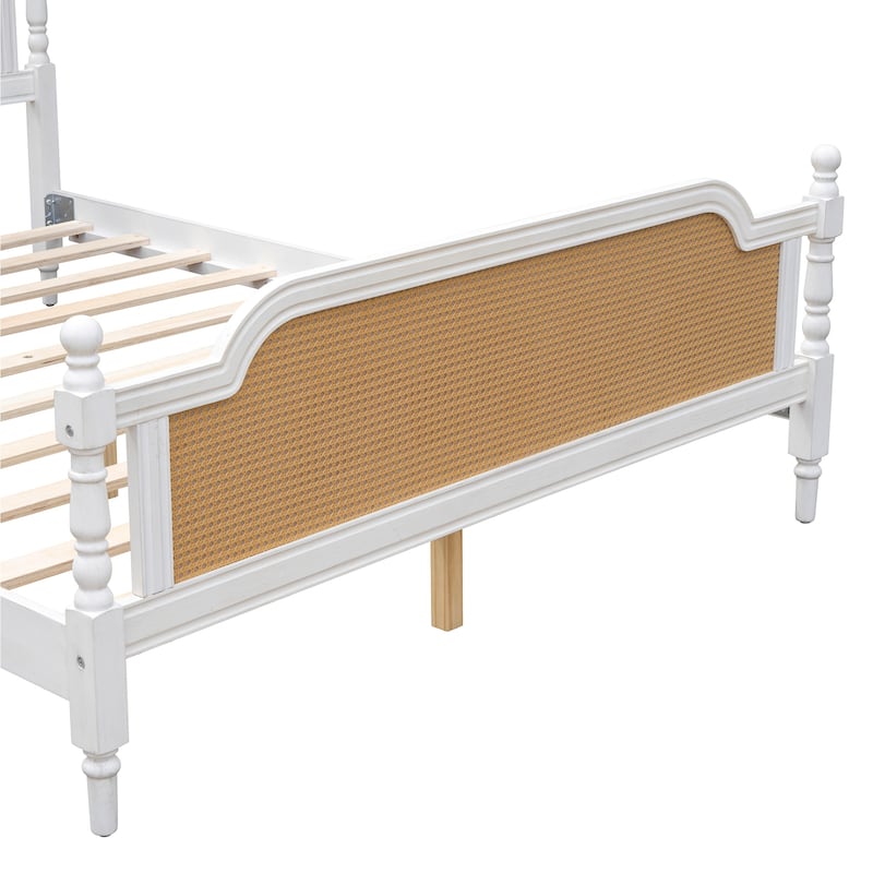 King Size Traditional Style Platform Bed with Rattan Headboard and Footboard for Bedroom