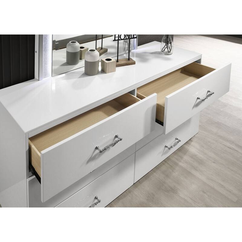 Modern White Finish High-Gloss Bedroom Furniture Set LED Headboard Bed Dresser Mirror Nightstand