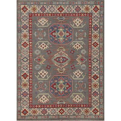 Gray Geometric Kazak Area Rug Hand-Knotted Oriental Wool Carpet - 4'11" x 6'6"