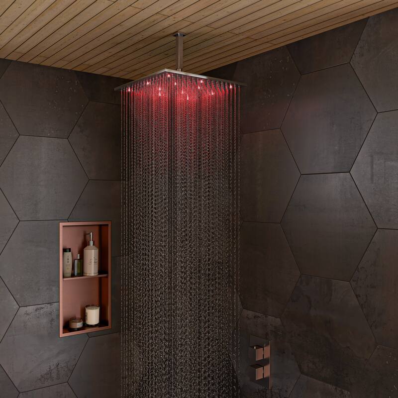 ALFI brand 12" x 24" Brushed Copper PVD Stainless Steel Vertical Double Shelf Shower Niche - Mahogany