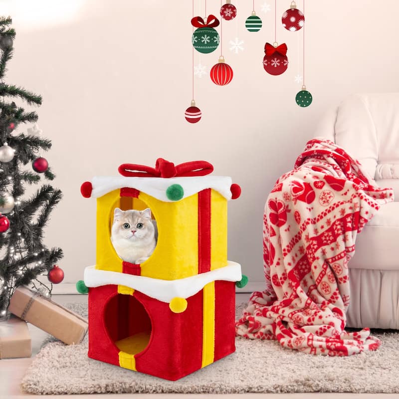Cute Christmas Cat House 2 Gift Box with Bow, Perfect Holiday Cat Bed - 15.5" x 15.5" x 13"