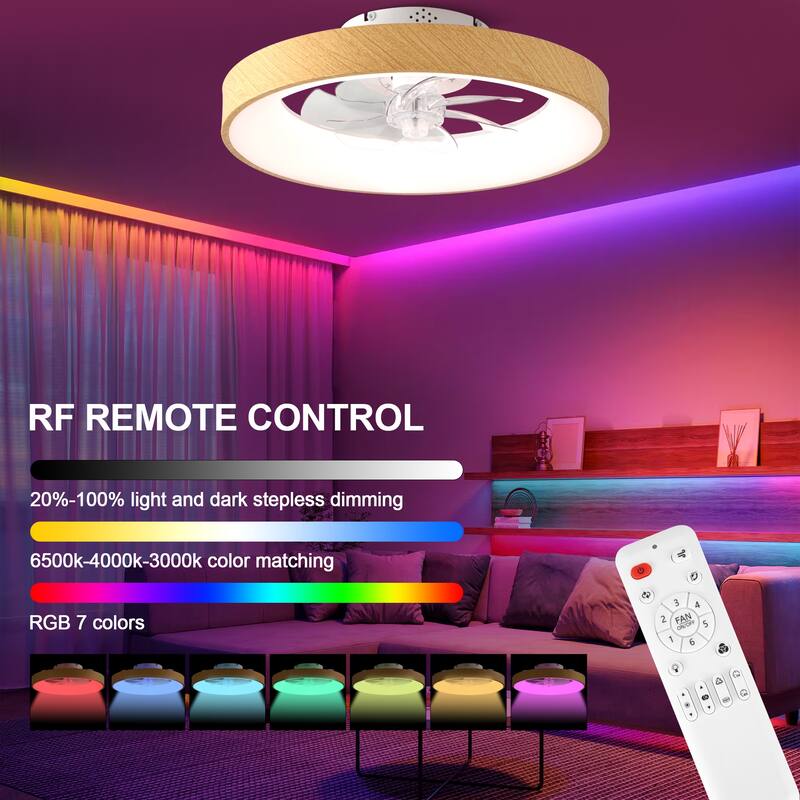 Bella Depot 20" Modern Wood-Look Flush Mount Ceiling Fan with Light and Remote Dimmable RGB Light