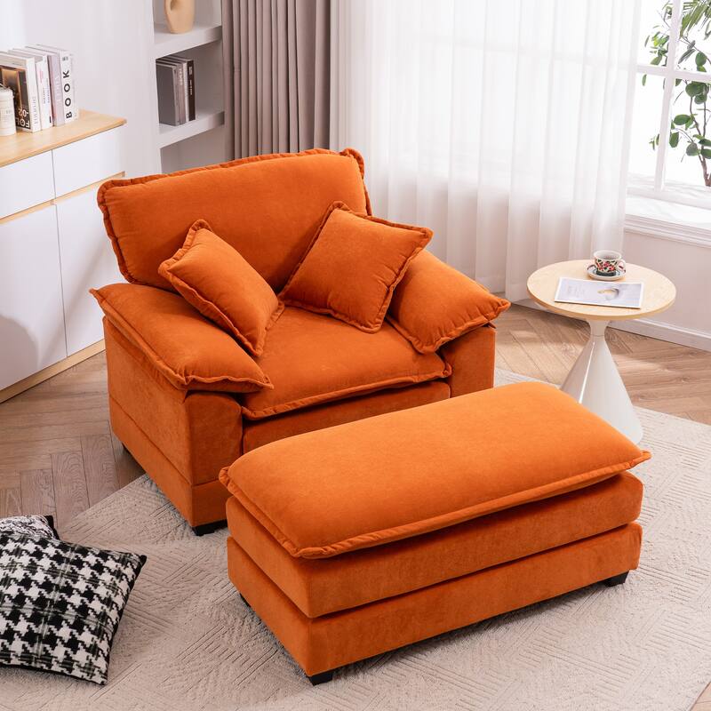 46.9 Inch Single Sofa with 2 Folding Pillows and an Ottoman, Comfort Sofa - Living Room Deep Seating Sofa for Living Room - Orange