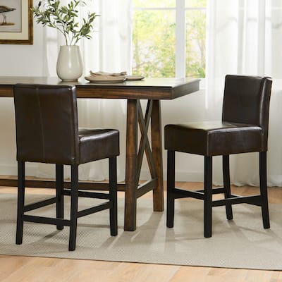 Roomfitters 26" Bonded Leather Counter Height Barstools, Set of 2 Upholstered Chairs with Wood Frame, Brown