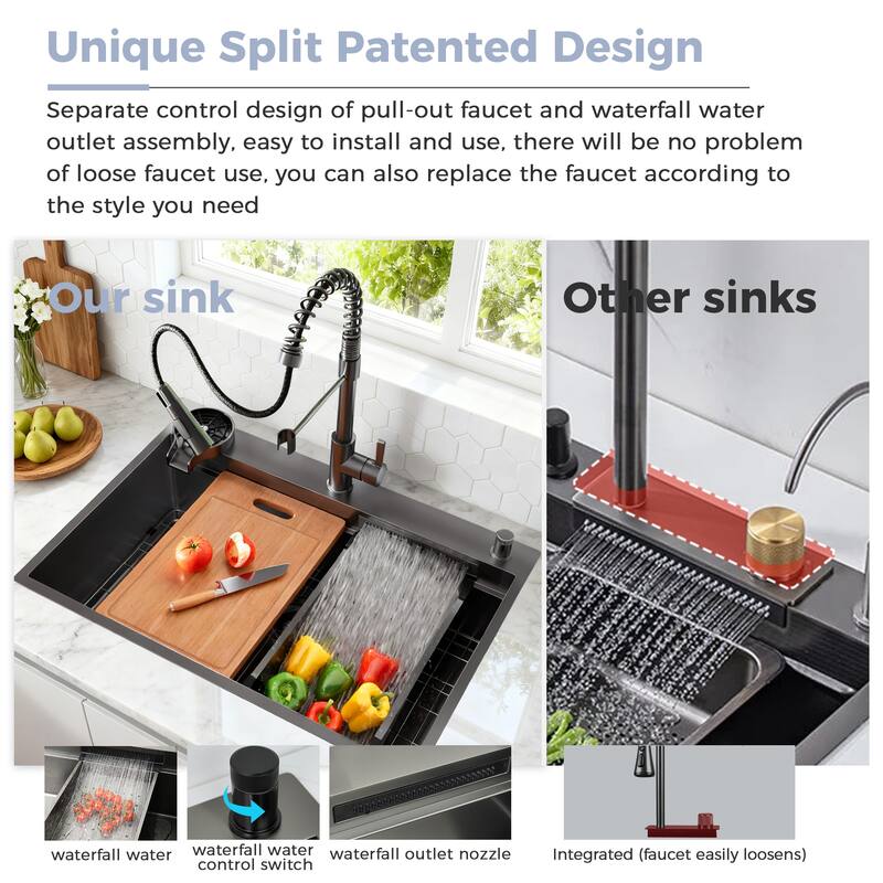 33 Inch Kitchen Sink with Pull Out Faucet Combo, Modern Single Bowl Waterfall Stainless Steel