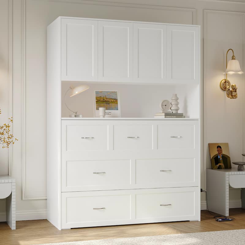Full Size Storage Bed with Cabinet Convertible Pull Out Platform Bed with Power Outlets