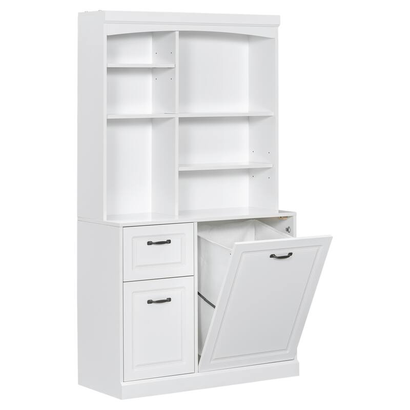 Modern Bathroom Cabinet, Freestanding Linen Tower with Slanted Storage Basket 2 Drawers and Adjustable Shelves, for Bathroom