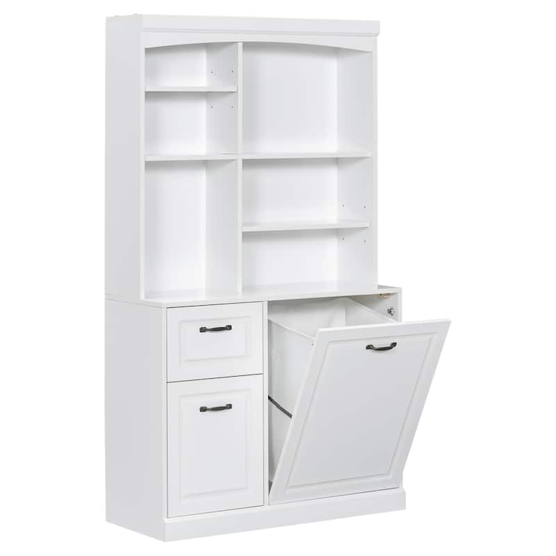 Roomfitters Bathroom Cabinet with Tilt-Out Hamper Adjustable Shelves Drawers and Tall Freestanding MDF Tower, White