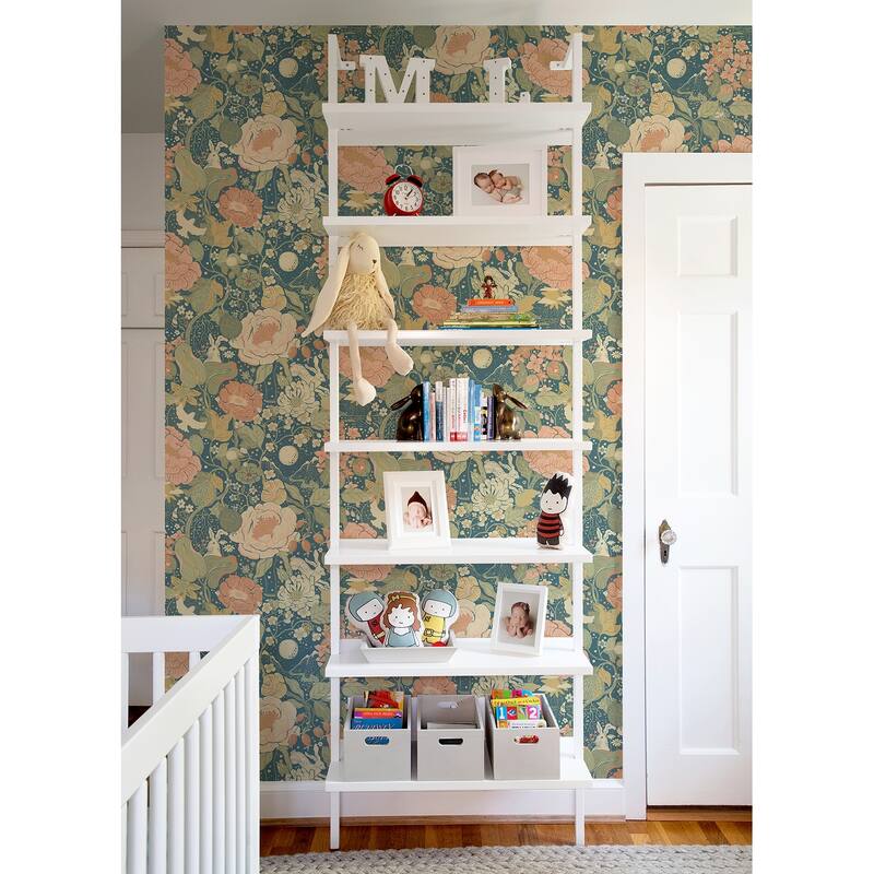 A-Street Prints Vaxa Teal Rabbits and Rosehips Wallpaper