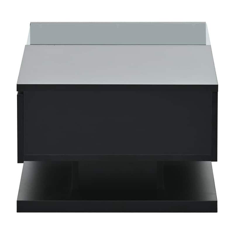 Modernist Glass & High-Gloss Wood Coffee Table with Drawer, 2-Tier Rectangular Center Table for Living Room