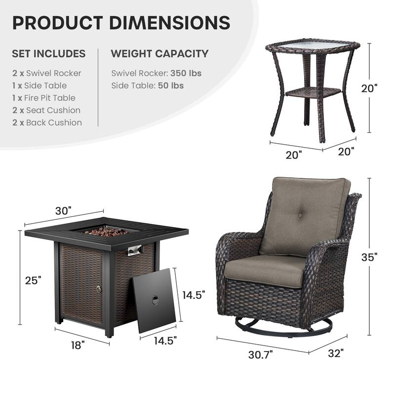 Gymojoy 4-Piece Outdoor Fire Pit Set with 2 Swivel Chairs & Side Table for Patio, Deck, Garden