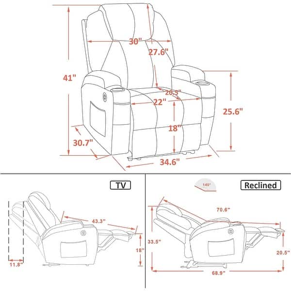 dimension image slide 1 of 2, Mcombo Electric Power Recliner Chair with Massage and Heat, Faux Leather 7050
