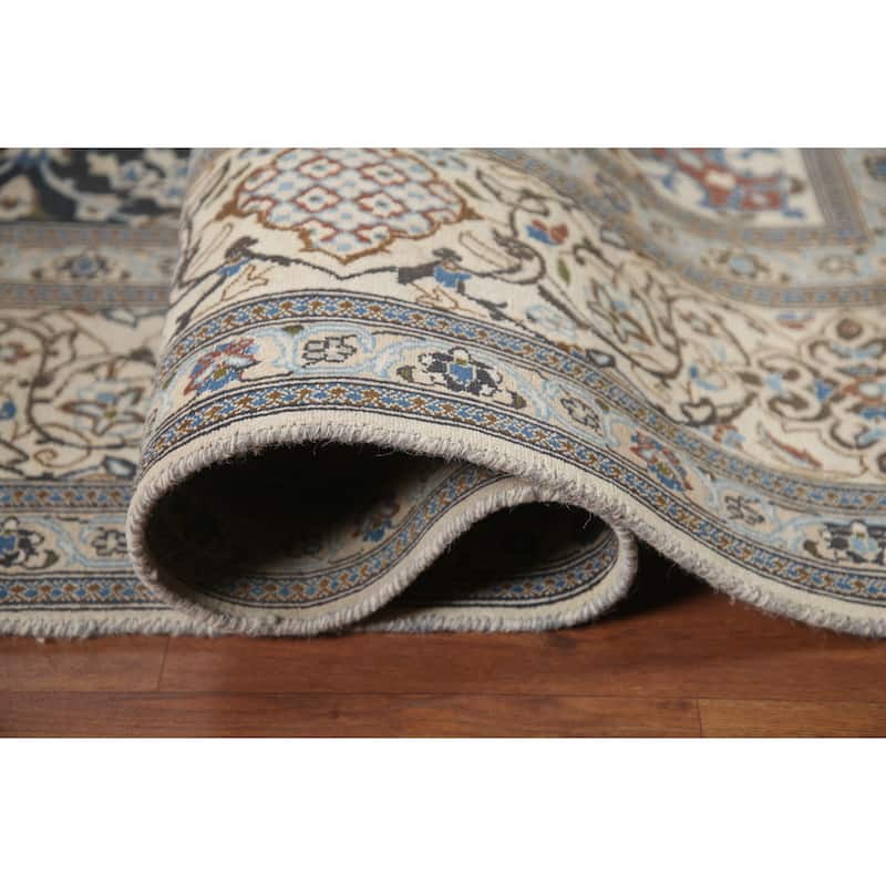 Hand Knotted Oriental 100% Wool Carpet Traditional Floral Black Nain Area Rug - 11' 9'' X 7' 11''