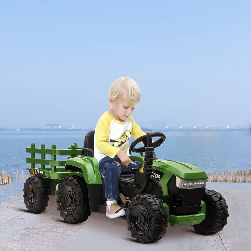 Children's Tractor with Removable Trailer, Ride on Truck Car with LED, Realistic Electric Carriage with Safety Belt - Blackish Green