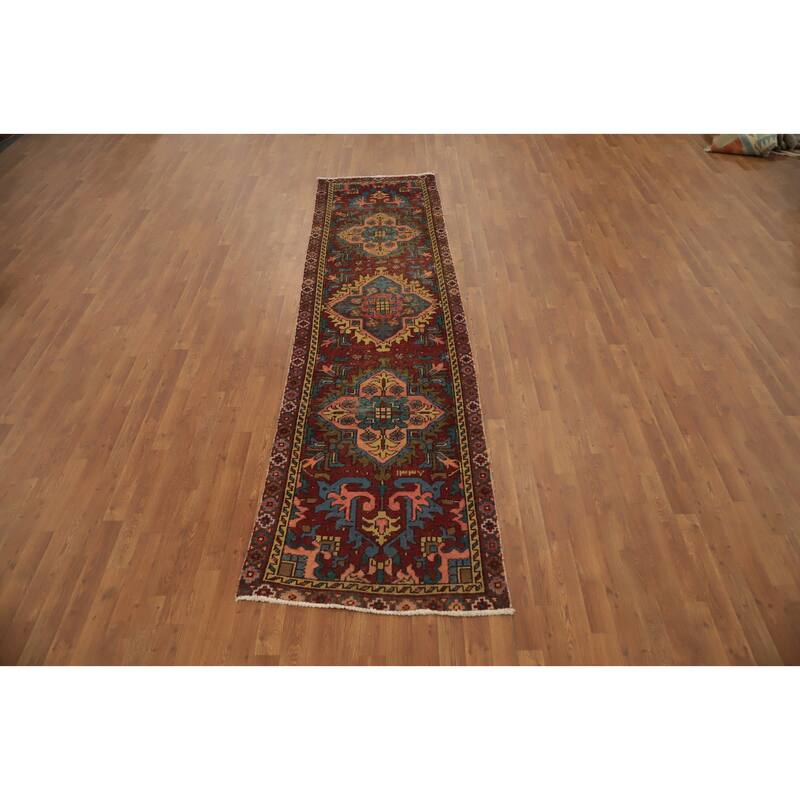 Hand Knotted Oriental 100% Wool Carpet Traditional Medallion Red Heriz Runner Rug - 10' 10'' X 2' 11''