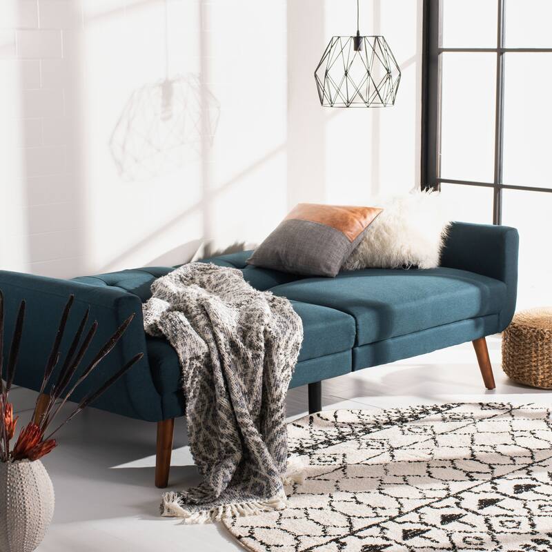SAFAVIEH Rashida Mid-Century Foldable Futon Sofa Bed - 82.3" x 34.3" x 34.3" - Navy/Brown