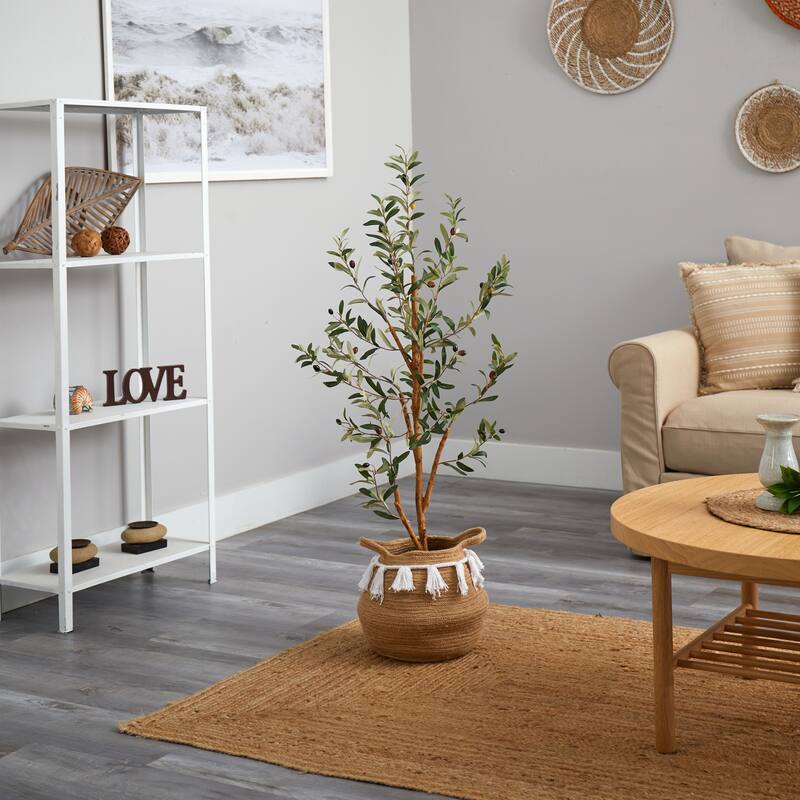 3.5' Artificial Olive Tree with Handmade Jute & Cotton Basket with Tassels