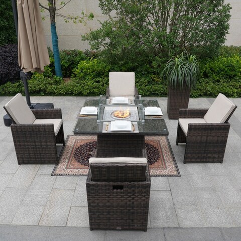 5-Piece Patio Square Fire Pit Table with Arm Chairs