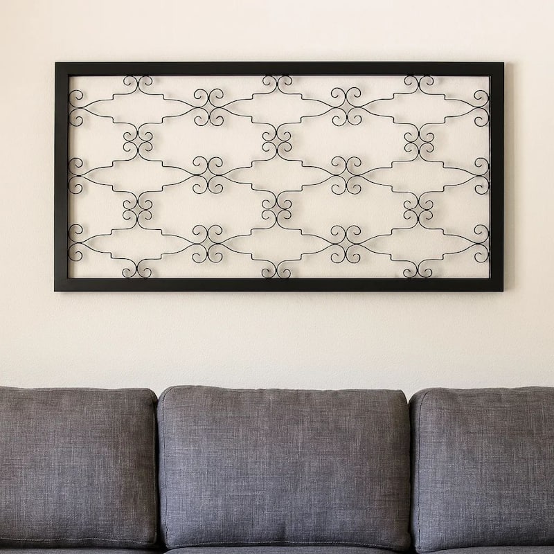 Rectangular Metal Frame Wall Decor with Curved Design Accents, Black