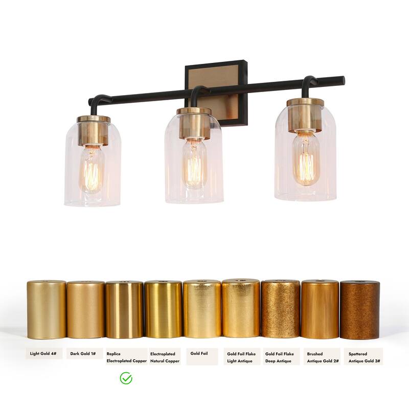 Modern 3-Light Black Gold Linear Bathroom Vanity Light Cylinder Glass Wall Sconces