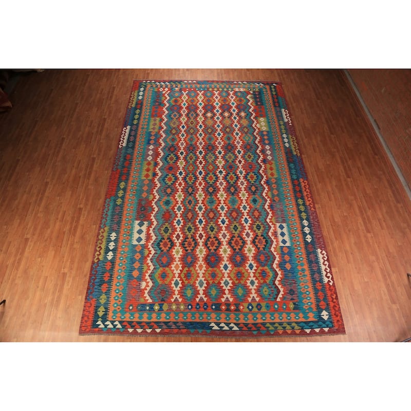 Geometric Kilim Oriental Large Rug Flatweave Wool Carpet - 10'5"x 16'2"