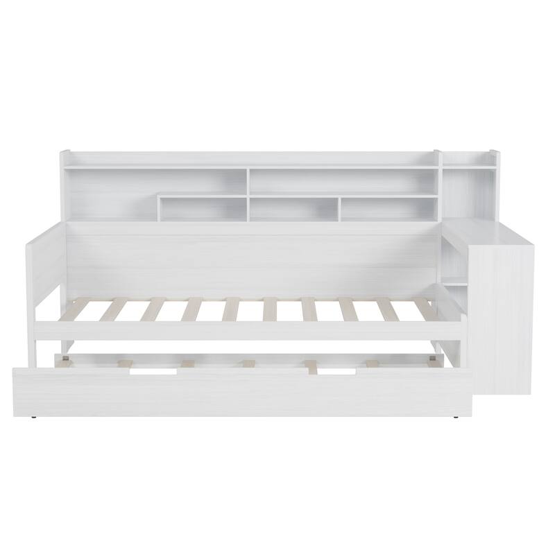 All-in-one Captains Bed Wooden Daybed U-shape Bookcase Bed with Pull-out Trundle Bed and Side Study Desk for Bedroom